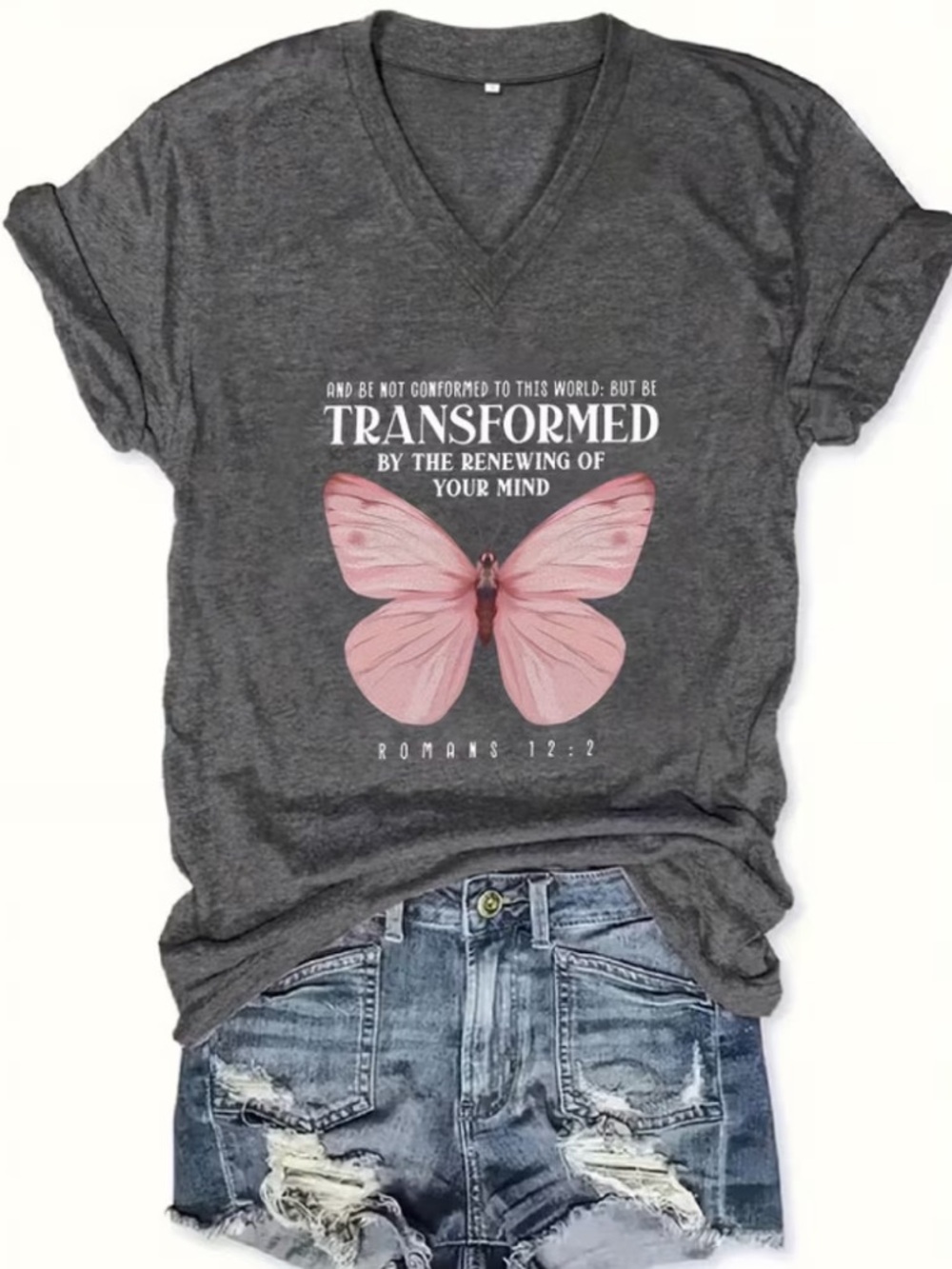 Christian Graphic V-Neck Tee with Pink Butterfly
